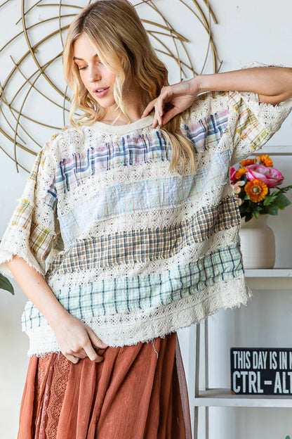 Washed Lace Plaid Knit Top