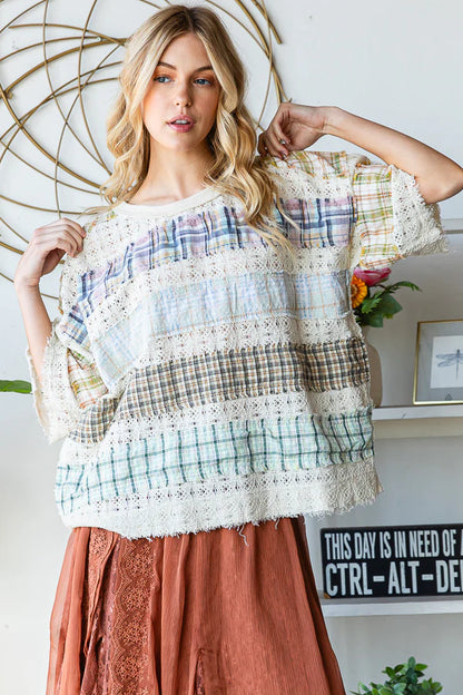 Washed Lace Plaid Knit Top