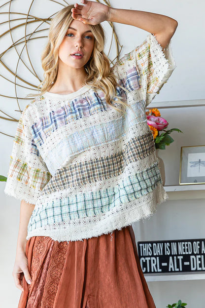 Washed Lace Plaid Knit Top