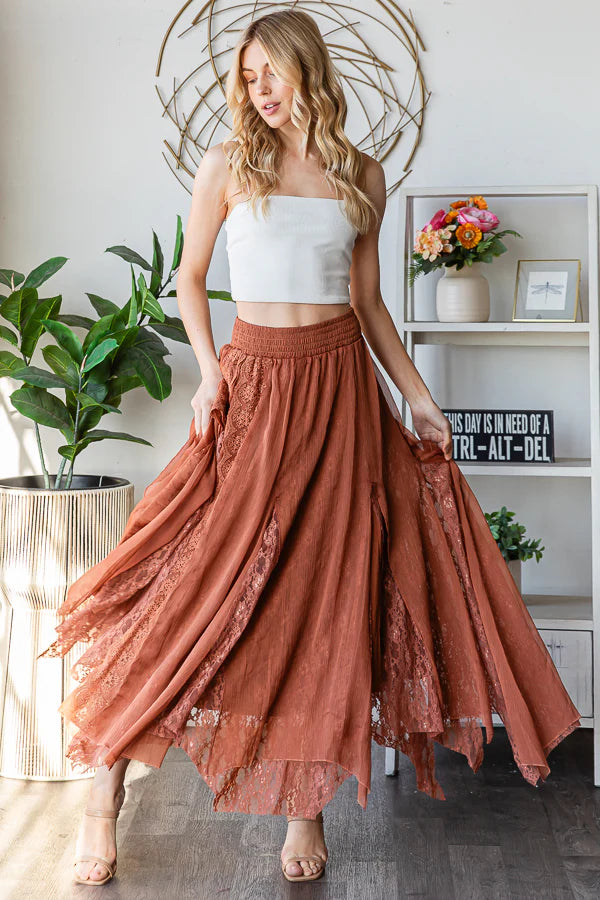 Chiffon Lace Mixed A-Line Midi Skirt