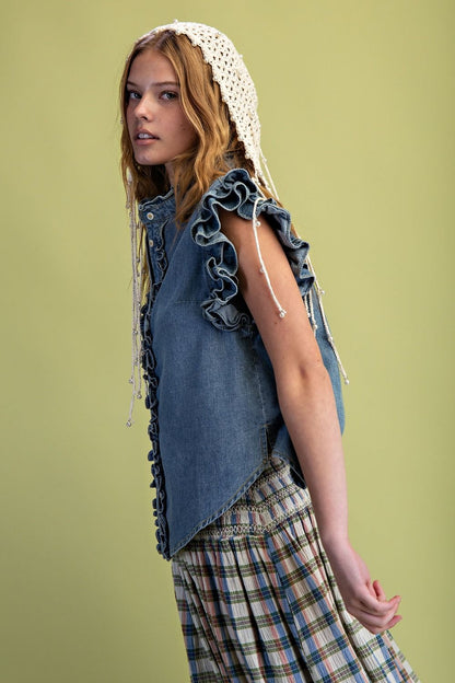Cap Sleeve Denim Button Down