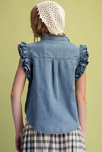 Cap Sleeve Denim Button Down